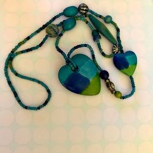 Beautiful Heart necklace in Aqua greens, blue wood, acrylic, Silver like beads